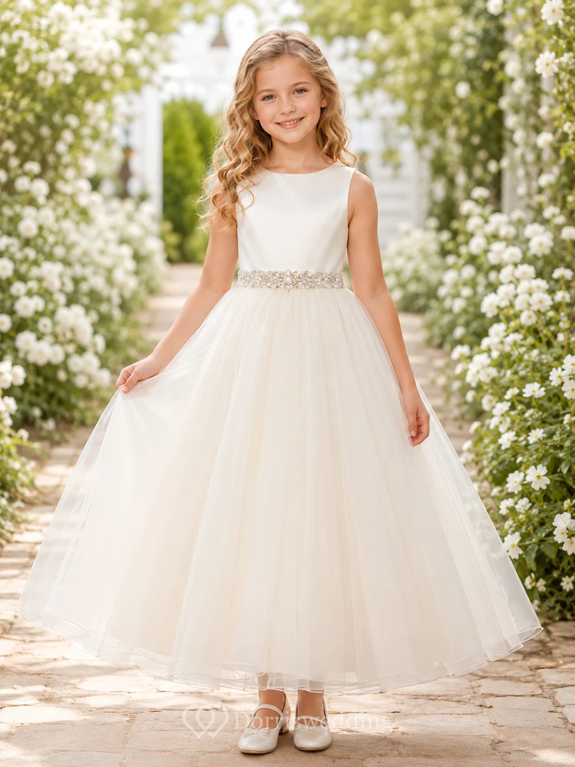 Satin Bodice Tulle A-Line Flower Girl Dress with Jewel Neck, Tea-Length Skirt and Sash Detail
