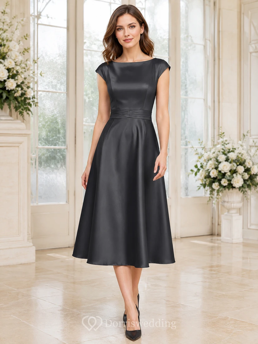 Charcoal Cap Sleeve Satin A Line Memorial Luncheon Dress