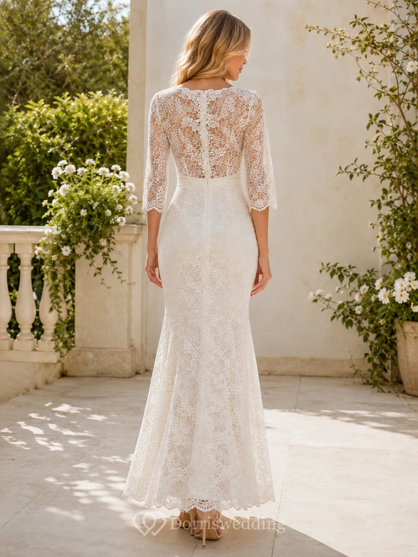 Robe de mariée civile romantique en dentelle, coupe sirène, manches trois-quarts illusion, décolleté cœur et longueur cheville view 2