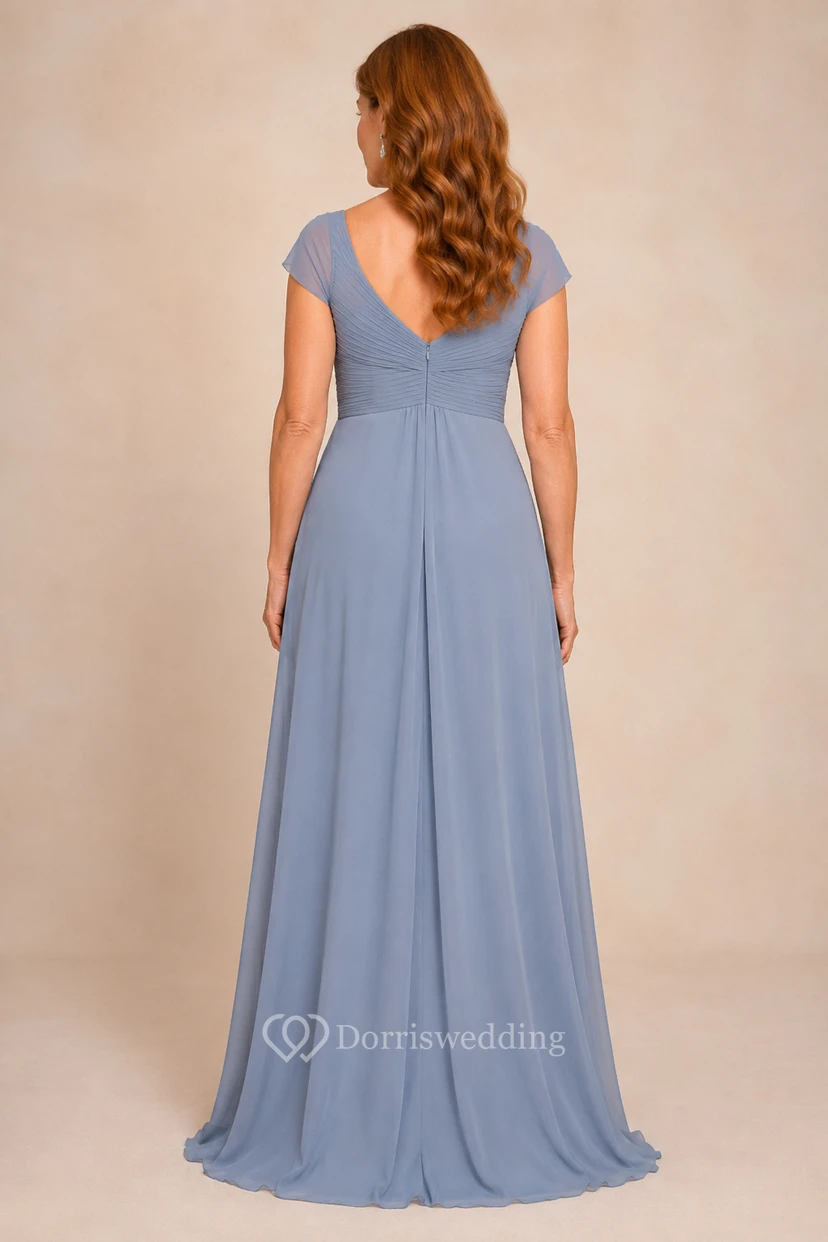 MOB-Kleid, stahlblau, Chiffon, A-Linie, kurze Ärmel, herzförmiger Herzausschnitt, bodenlang, Rüschenbesatz view 2