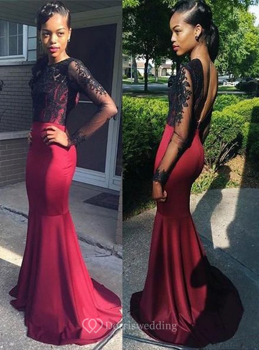 Stunning Long Sleeve Black Lace Evening Dresses Long Burgundy Prom Party Gown