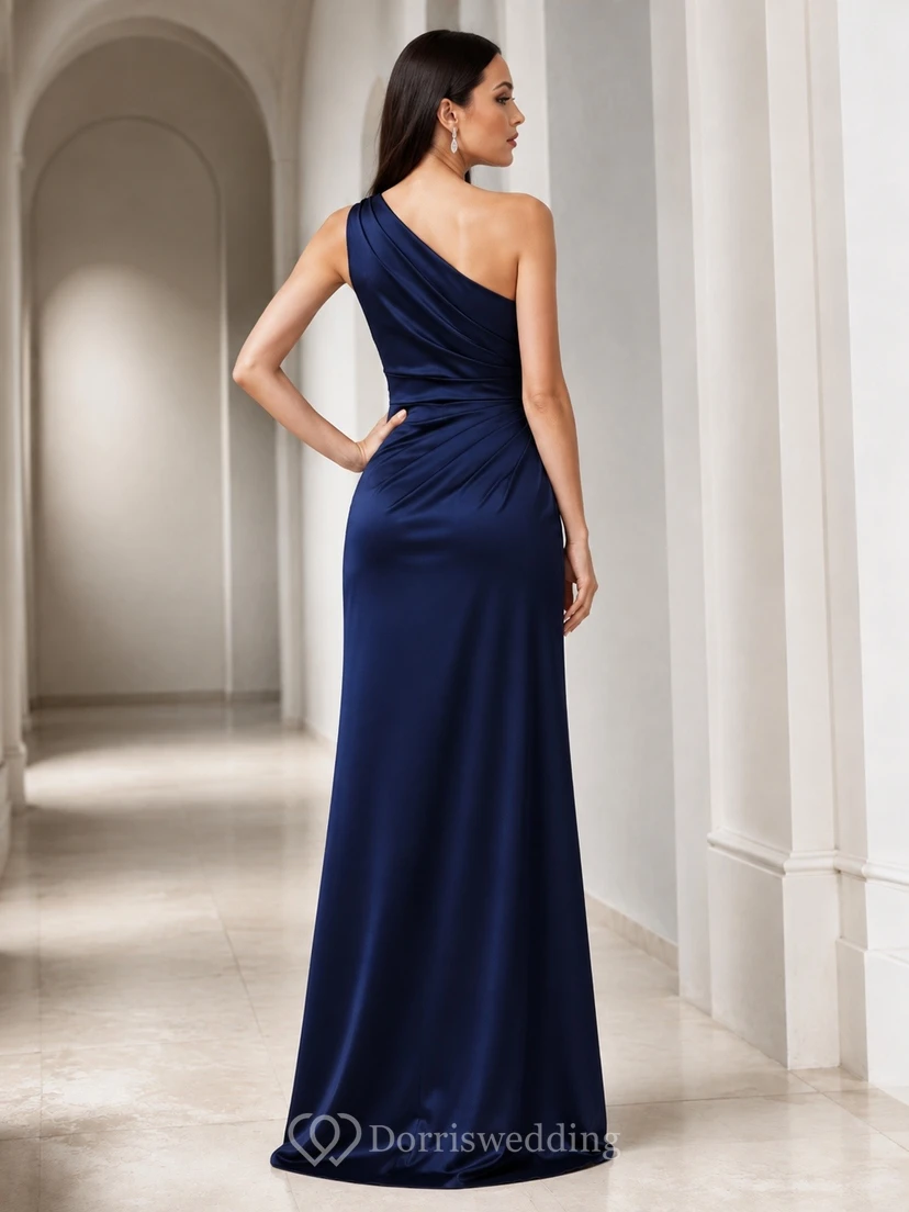 Ink Navy Sexy Modern One-Shoulder Sleeveless Satin Front-Slit Sheath Floor-Length Evening Dress view 2