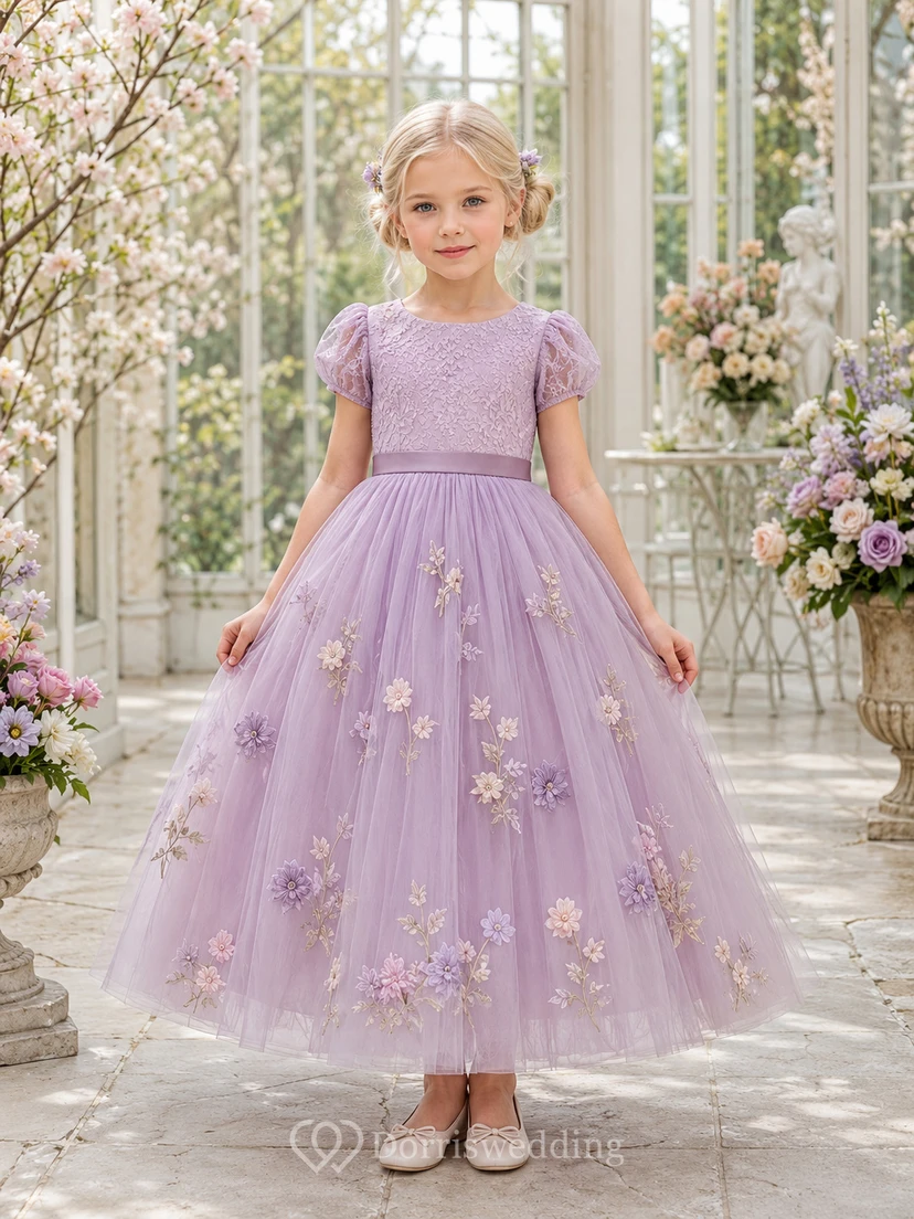 Lavender Floral Applique Short Sleeve Tulle Tea-Length Princess Garden Flower Girl Dress
