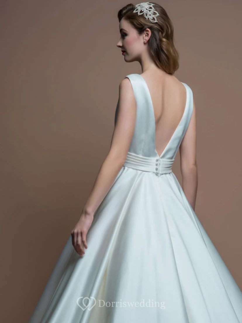 A-Line Jewel-Neck Sleeveless Tea-Length Satin Short Wedding Dress With V Back view 2