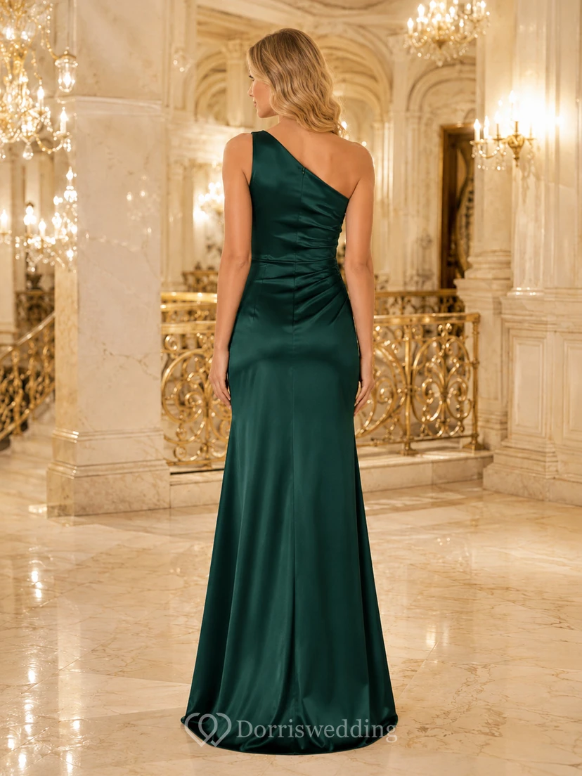 Opera Evening Formal Dark Green Elegant Modern Sheath Satin Bridesmaid Dress with One-Shoulder Sleeveless Floor-Length Slit Skirt Open Back view 2