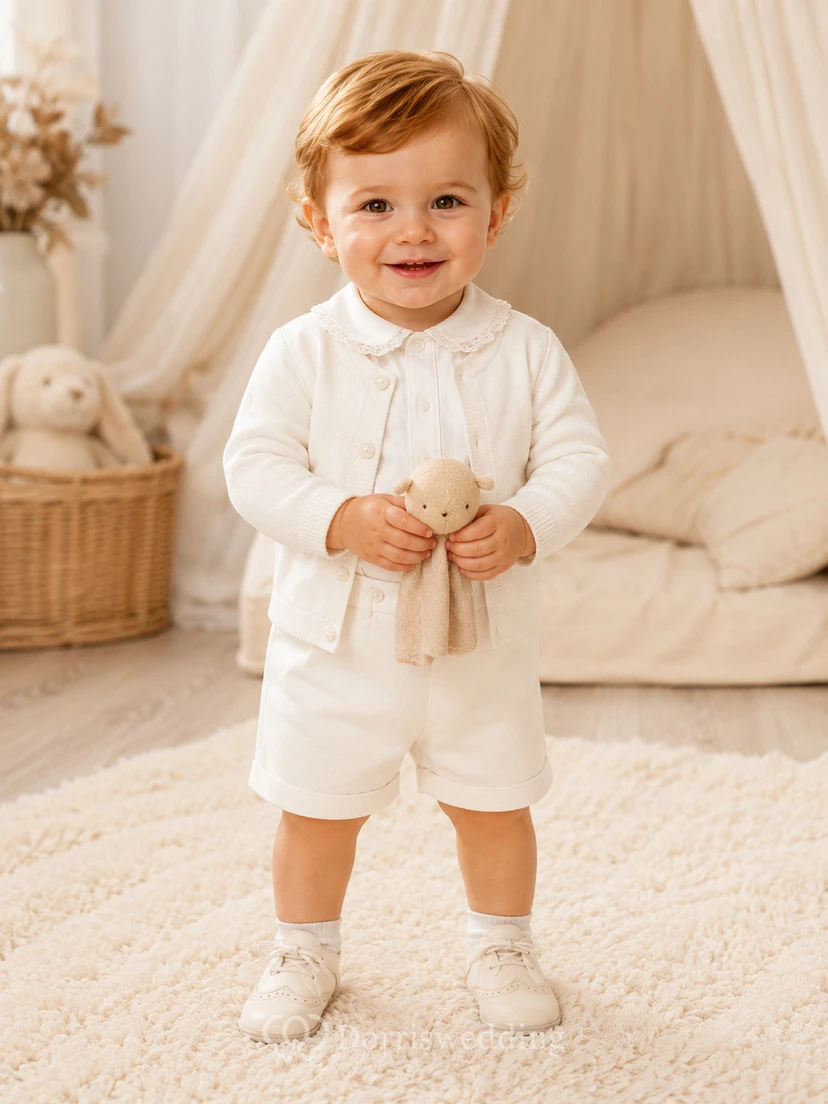 Weißes Strick-Cardigan-Set mit Peter-Kragen und Taufshorts für Jungen