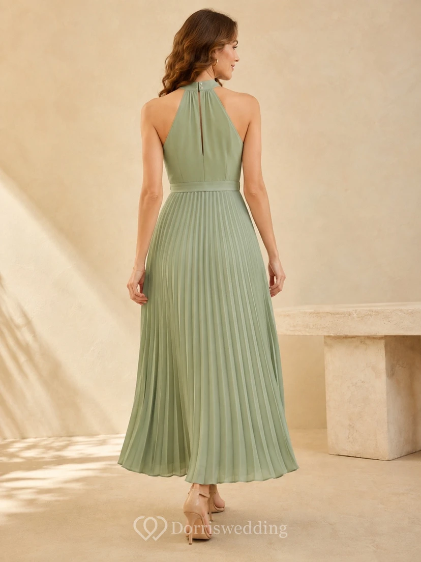 Sage Green Halter Sleeveless Pleated Chiffon Midi Dress view 2