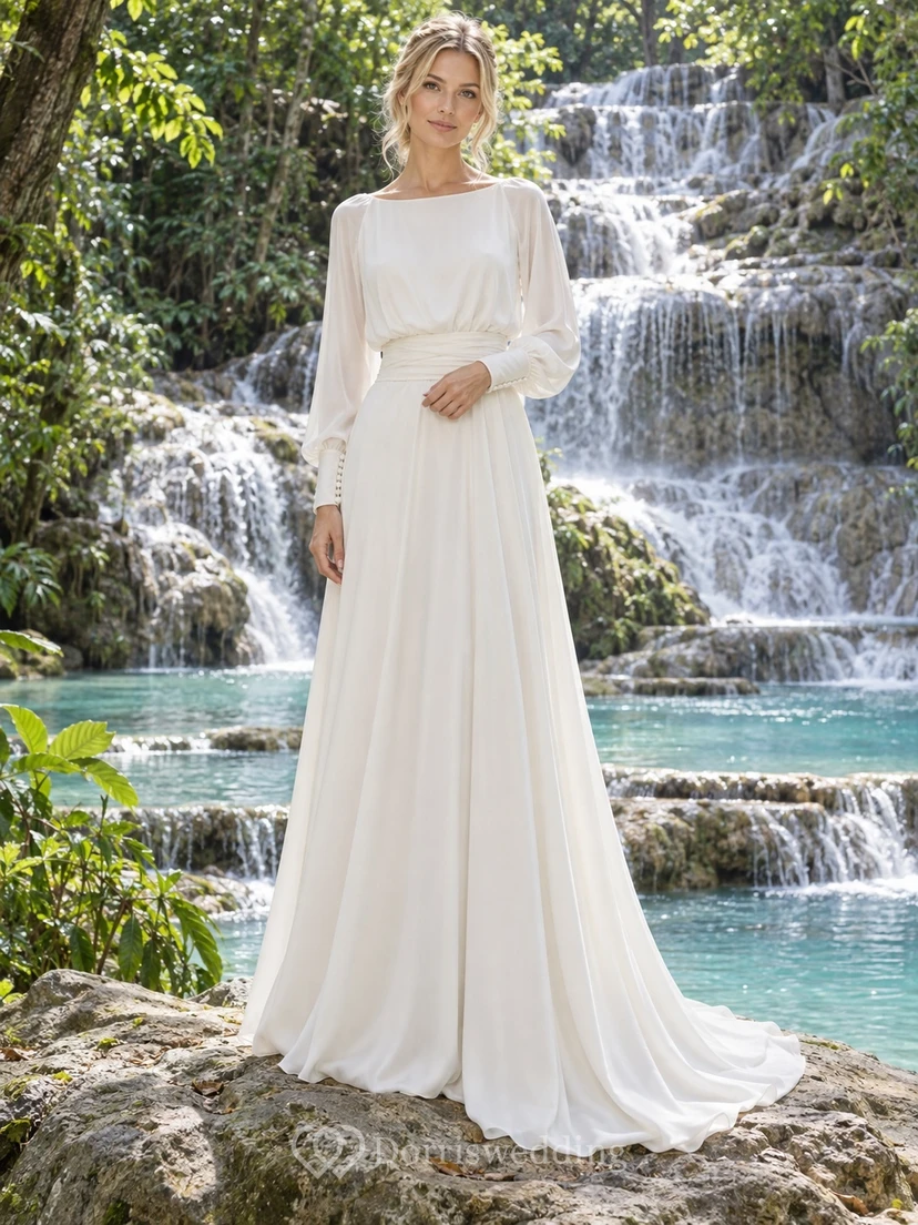 Simple High Neck Long Poet Sleeve Covered A-Line Bridal Wedding Dress