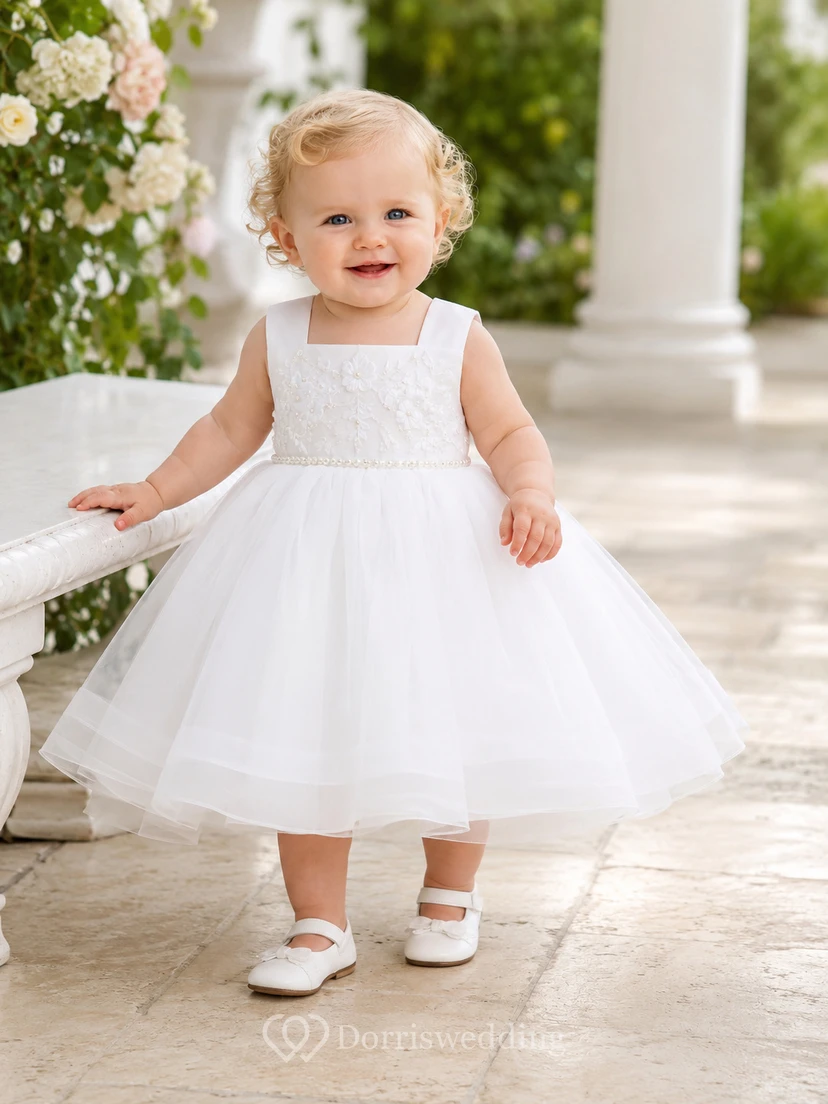 Square Neck Baptism Dress A-Line Tulle Lace Sleeveless Full Skirt