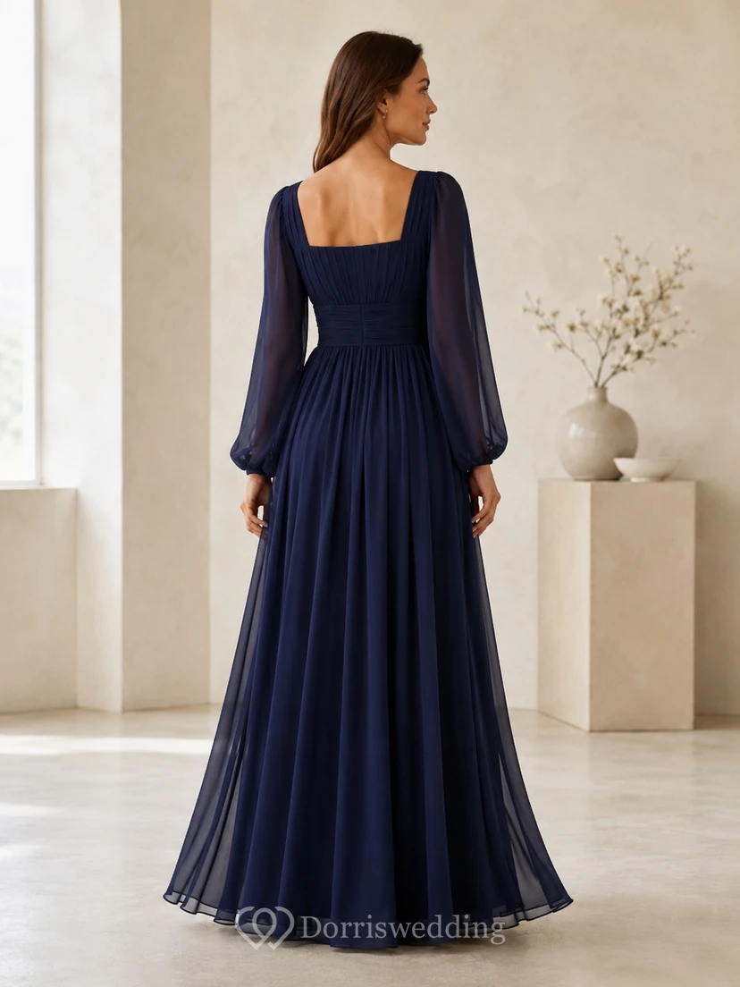 Modest Dark Navy Long Balloon Sleeve Square Neck Chiffon Empire Gown view 2