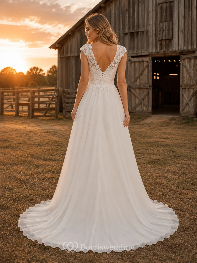 Rustic V-Neck Lace Bodice Chiffon A-Line Wedding Dress view 2