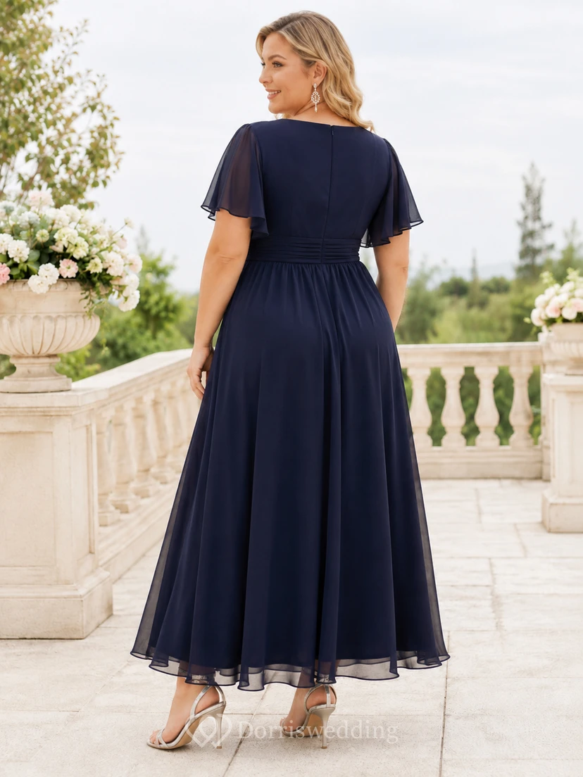 Dark Navy V Neck Flutter Sleeve Chiffon Empire Ankle Plus Size Guest Dress view 2