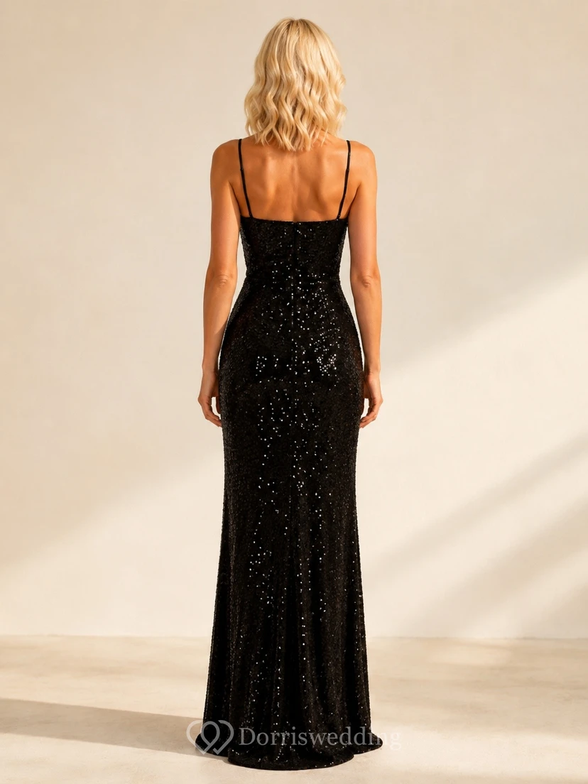 Black Sequin Spaghetti Strap Slit Evening Gown Classic view 2