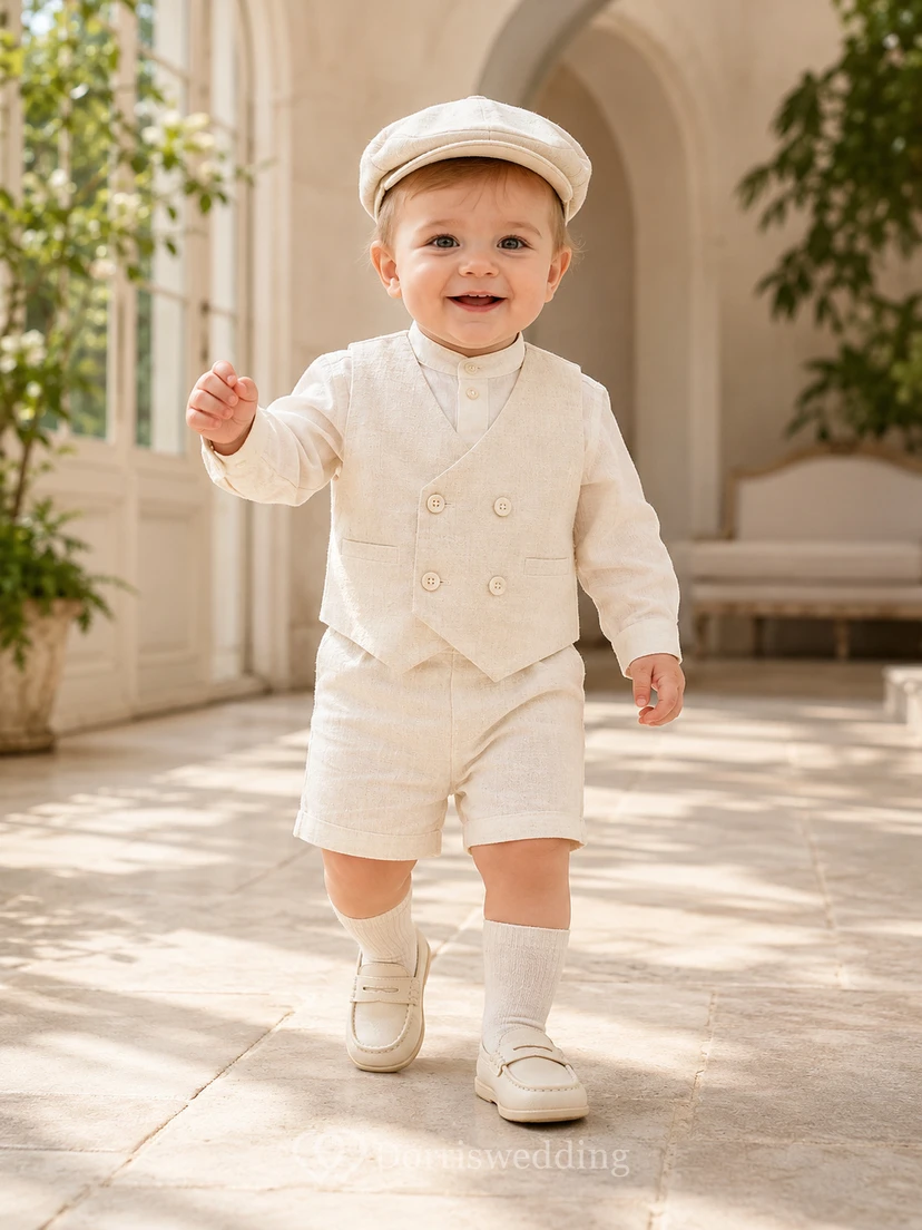 Traje de bautizo corto de manga larga con chaleco texturizado color marfil para bebé niño