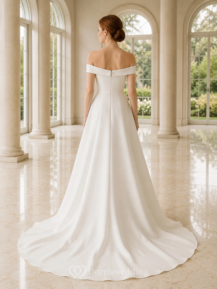 Brautkleid aus Satin, Ballkleid, schulterfrei, kurze Ärmel, Kapellenschleppe view 2