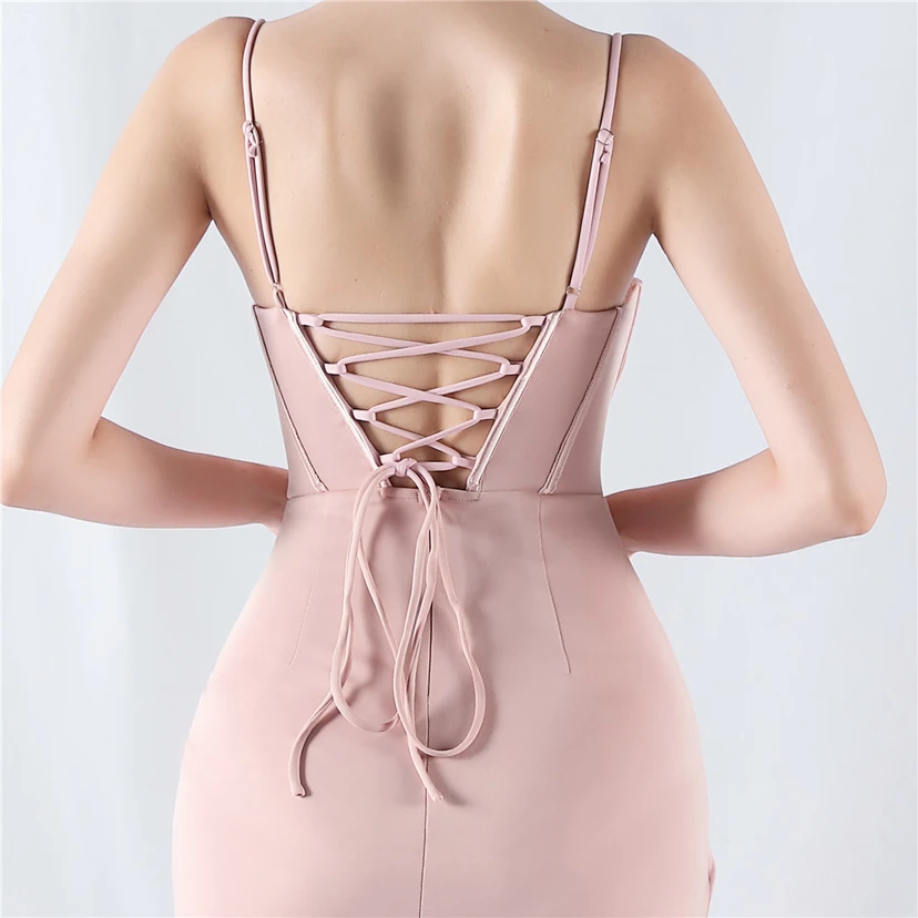 Fishbone Waist Strap Satin Host Meeting Evening Dress view 25