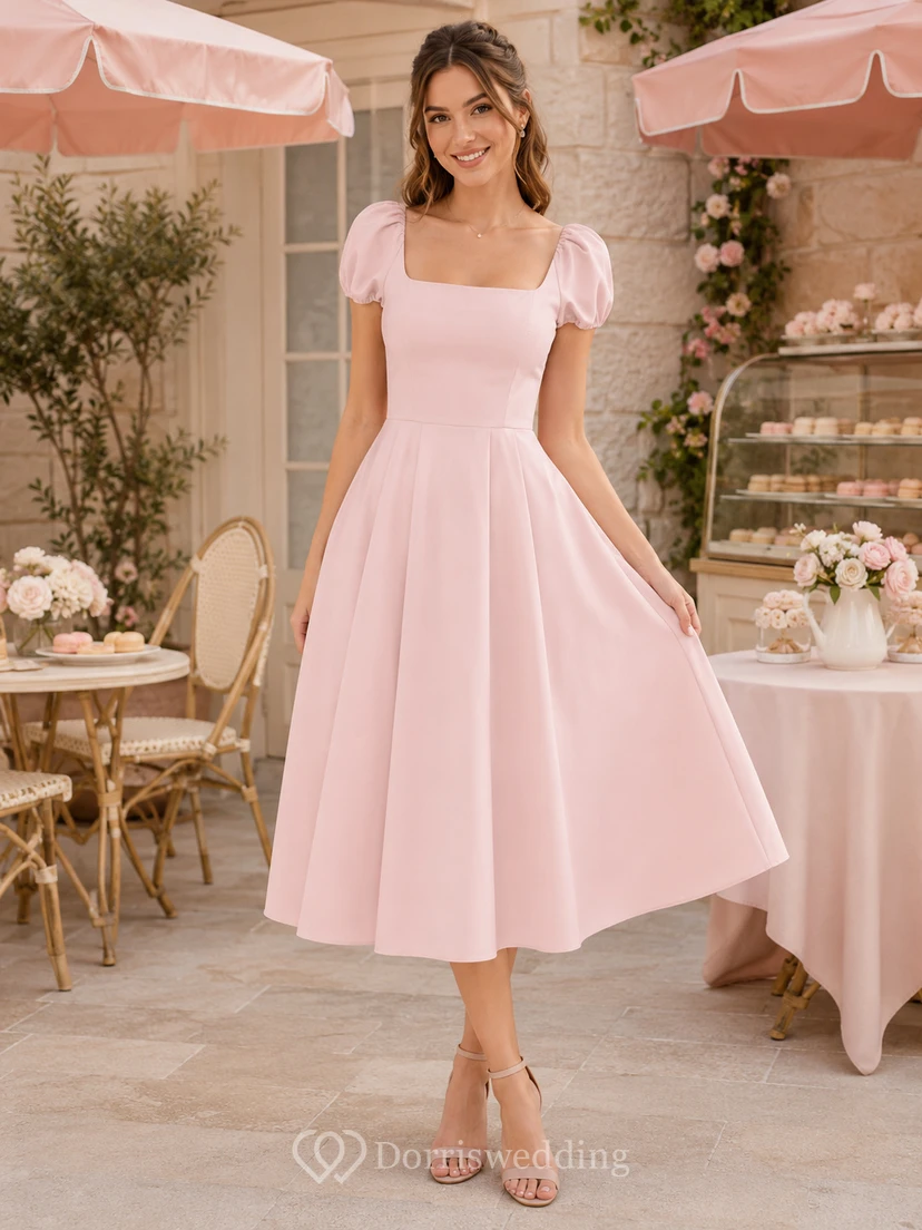 Light pink square neck puff sleeve tea length A-line dress
