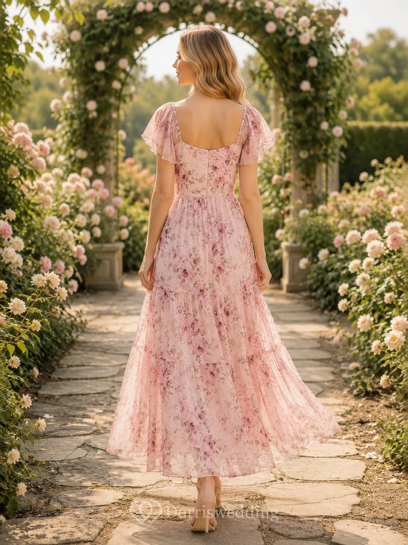 Romantic Pink Floral Flutter Sleeve Chiffon Maxi Dress view 2
