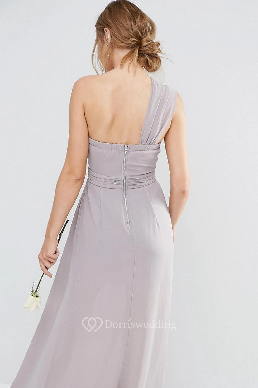 Ankle-Length Draped Sleeveless One-Shoulder Chiffon Bridesmaid Dress view 2