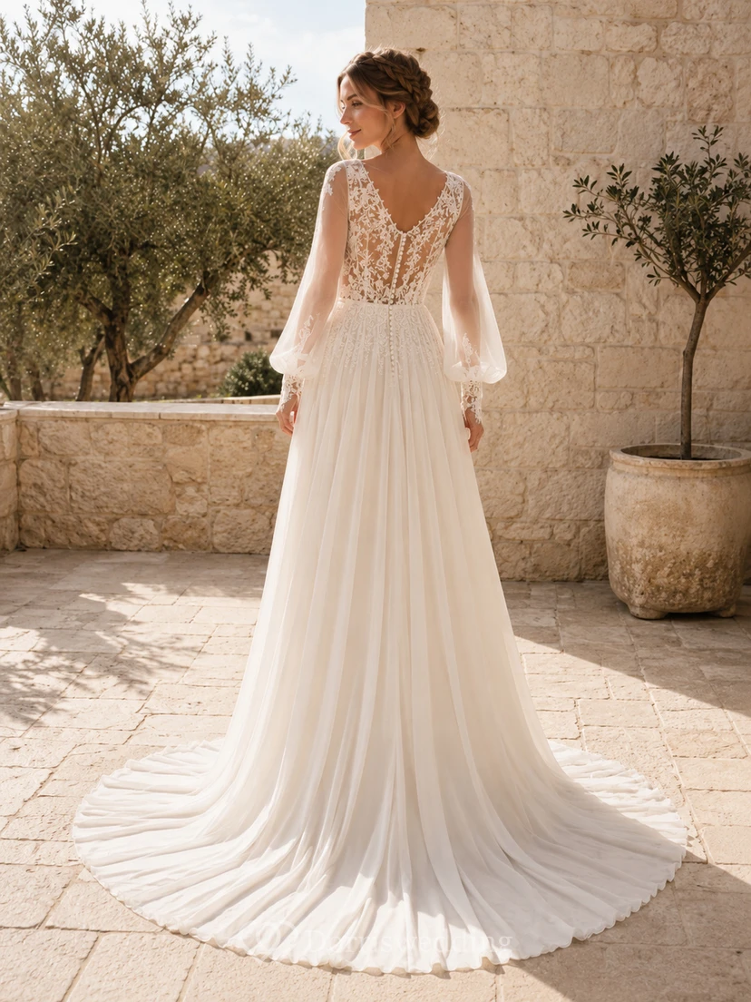 Robe de mariée d'extérieur en mousseline de soie polie, dentelle, décolleté plongeant en V, manches gigot, bustier trapèze et traîne, manches bouffantes .... view 2