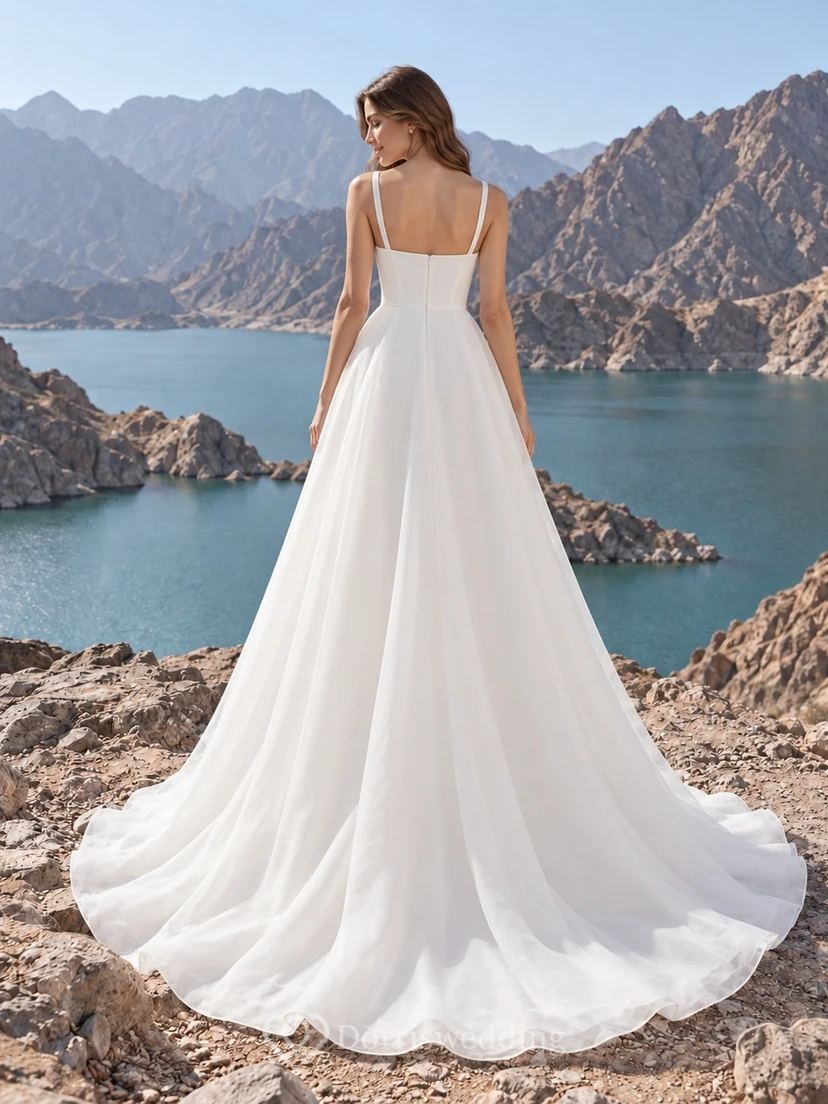 Vestido de novia sencillo de organza con tirantes finos y corte en A sin mangas view 2