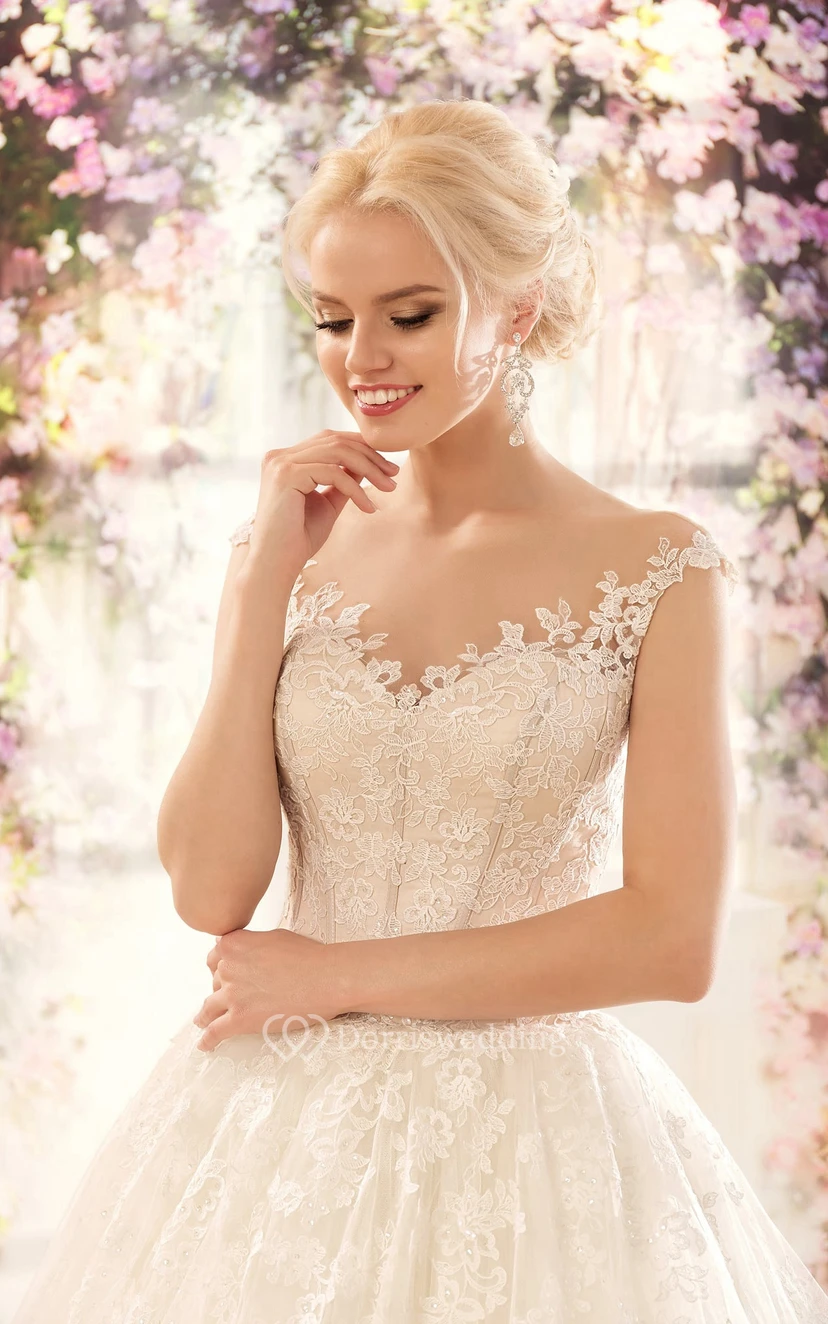 Ball Gown Floor-Length V-Neck Cap-Sleeve Corset-Back Lace Dress With Appliques view 3