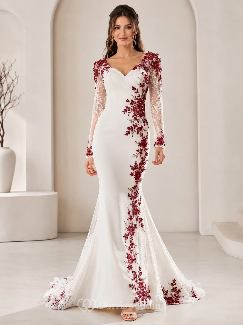 Rotes Brautkleid aus Spitze mit langen Ärmeln, V-Ausschnitt, Meerjungfrauenschnitt und Schleppe