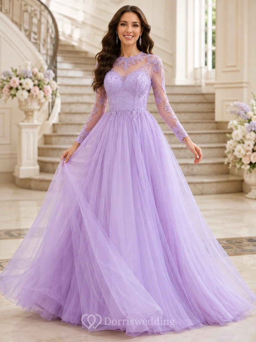 Romantic Lilac Tulle Ball Gown Floor-Length Sweetheart Straps Prom Dress