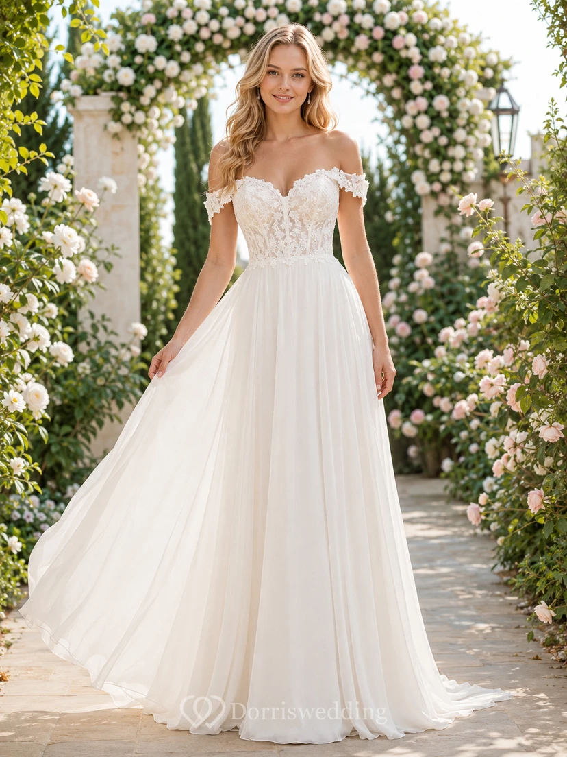 Schulterfreies Brautkleid aus Chiffon mit Spitzenoberteil und Chiffon