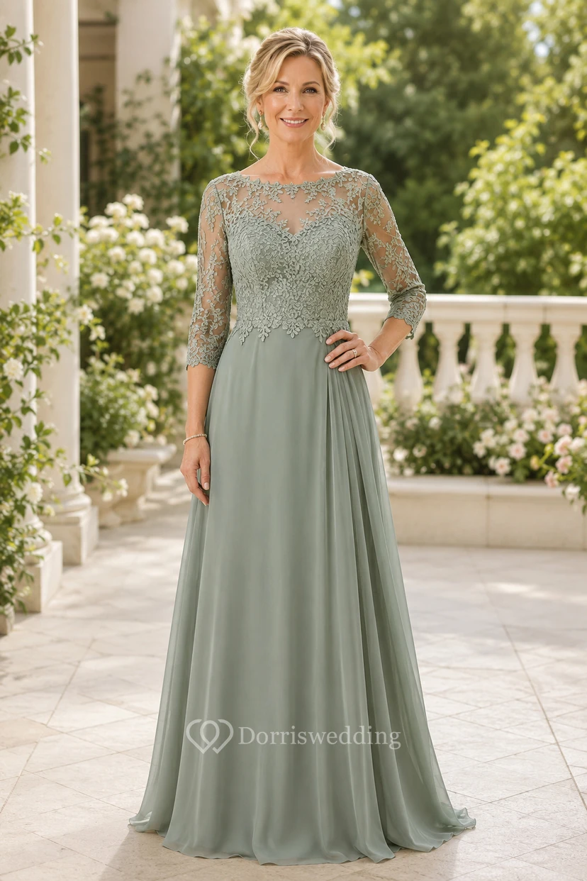 Sage Lace Bodice A-Line Mother Dress with Long Sleeves
