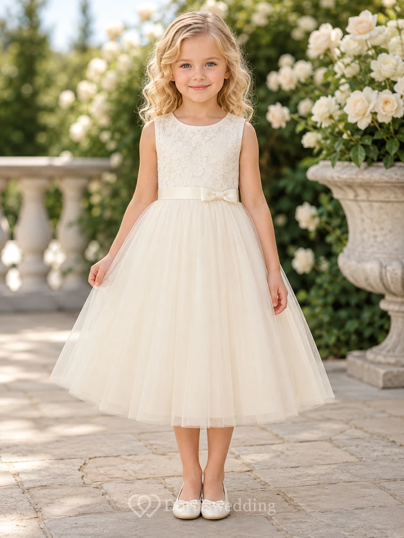 Lace Sleeveless Tulle Tea-Length A-Line Bow Garden Flower Girl Dress
