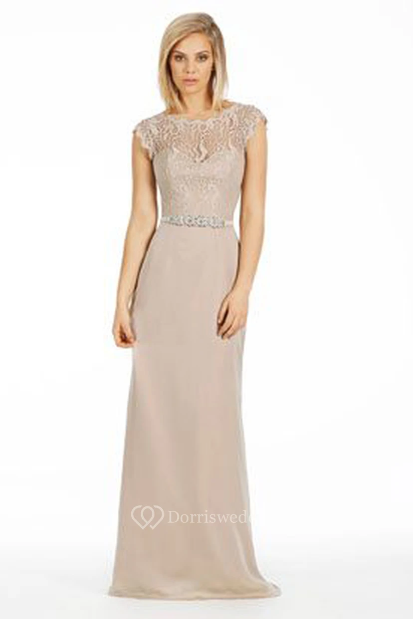Sheath Bateau Neck Cap Sleeve Lace Chiffon Bridesmaid Dress