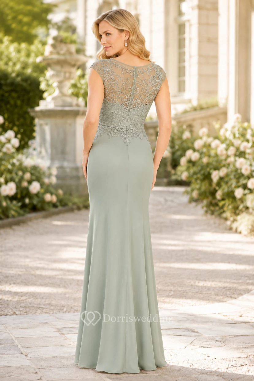 Robe fourreau sauge à manches courtes, corsage en dentelle et encolure bijou view 2