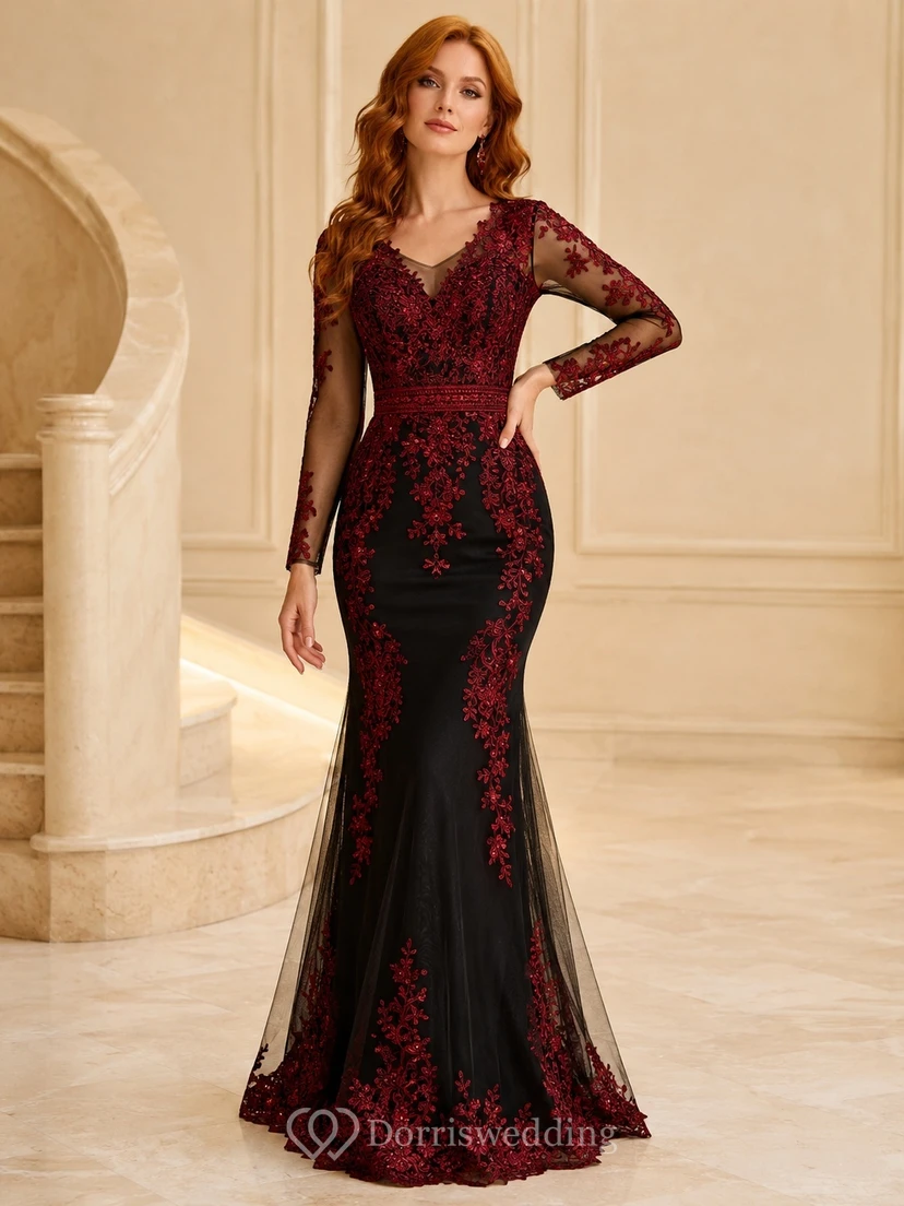 Black Red Floral Lace V-Neck Long Sleeve Mermaid Formal Evening Gown