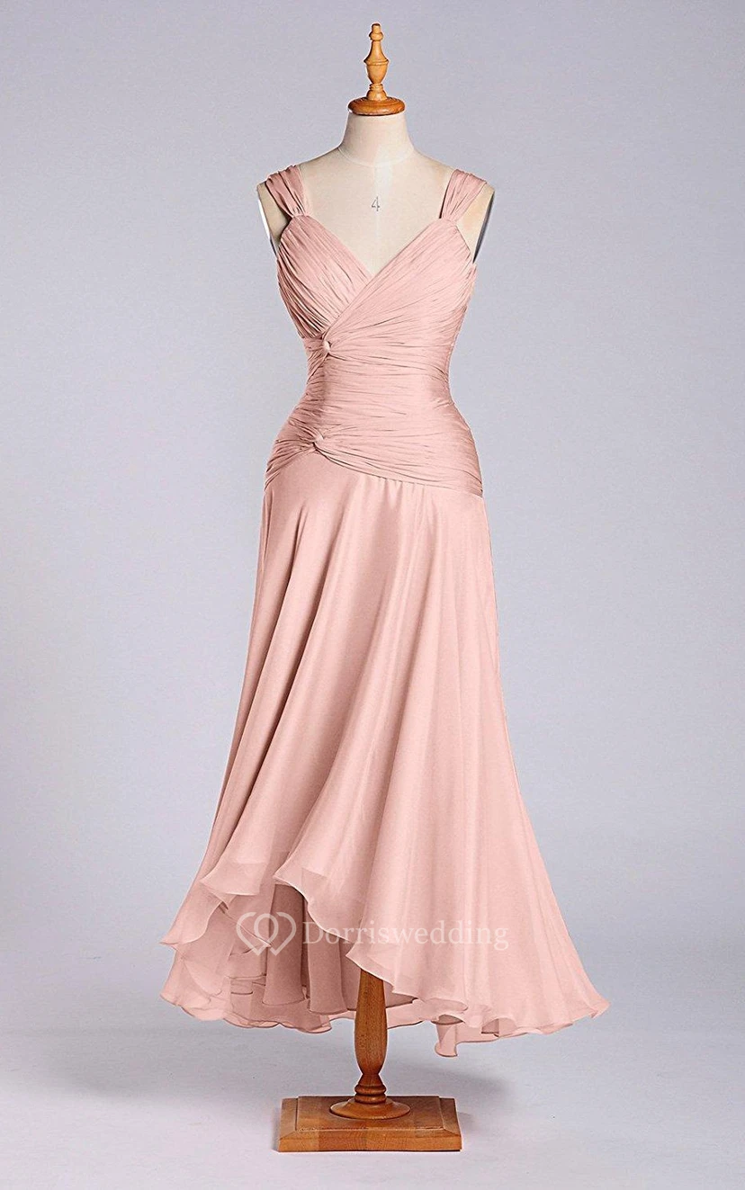 A-line Tea-length Zipper Chiffon Dress with Ruched Bodice view 3