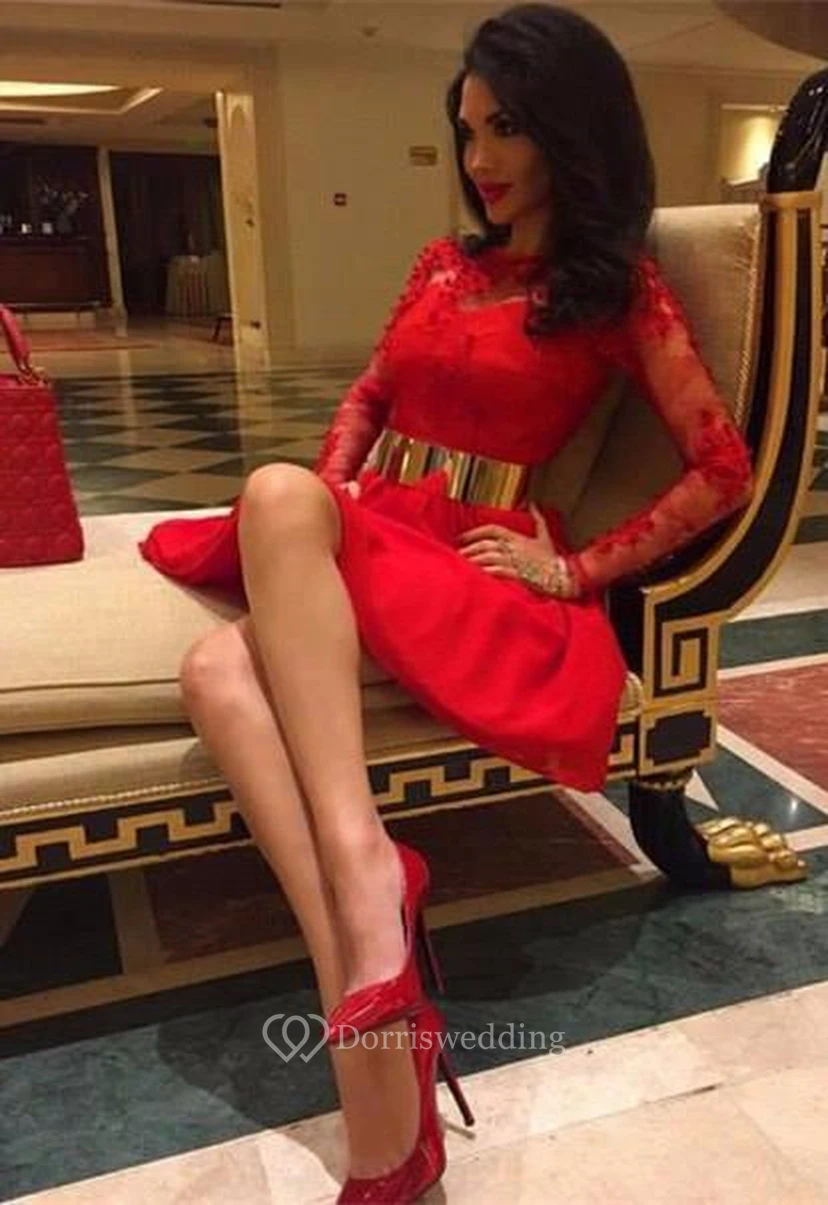 Sexy Red Lace Short Cocktail Dress Long Sleeve Appliques