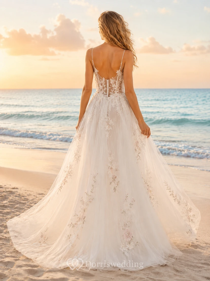 Pastellfarbenes Brautkleid aus Tüll mit Spaghettiträgern und Blumenmuster in A-Linie view 2