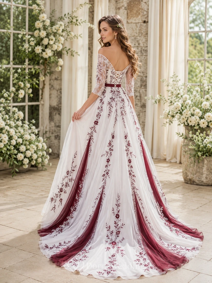 Burgundy Lace Three-Quarter-Sleeve V-Neck A-Line Chapel-Train Romantic Wedding Dress view 2