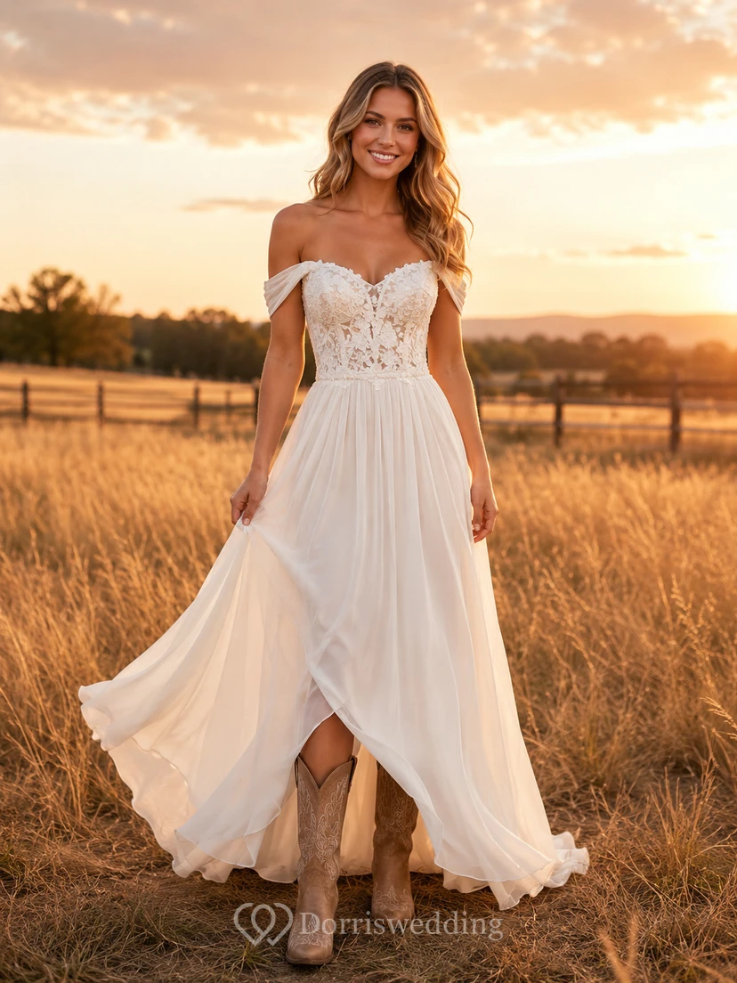 Flowy Off-Shoulder A-Line Wedding Dress with Sweetheart Lace and Split Skirt Romantic Casual Tulle