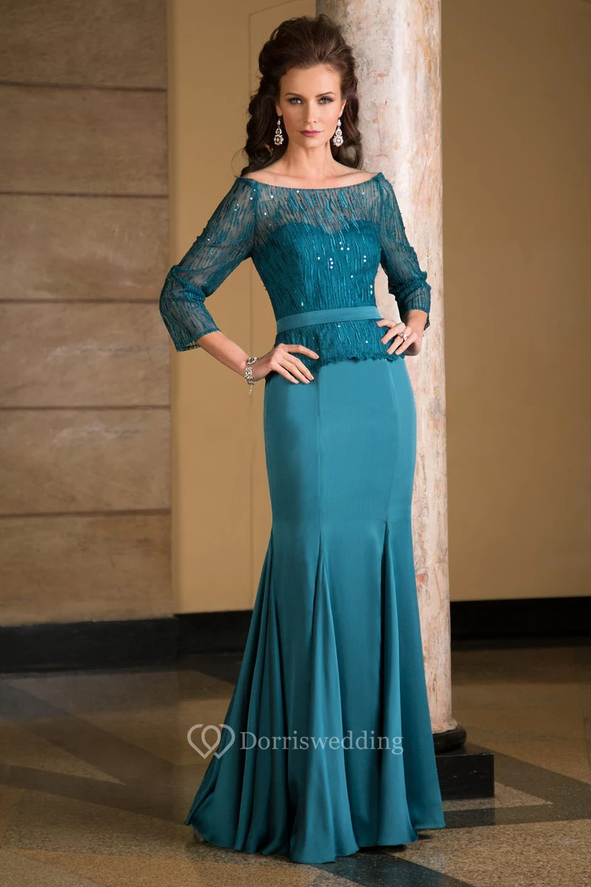 Robe de mariée sirène à 3 ou 4 manches, ornée de bijoux et de plis, pour la mère de la mariée