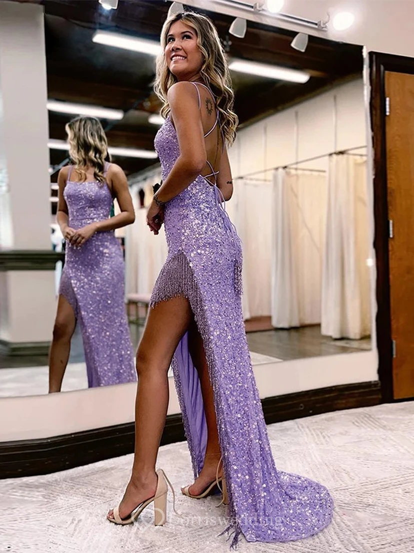 Sequin Spaghetti Purple Front Split Beaded Prom Dress view 3