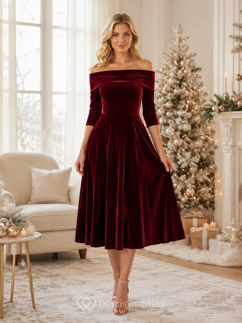 Burgundy Off Shoulder Velvet Three Quarter Sleeve Dress
