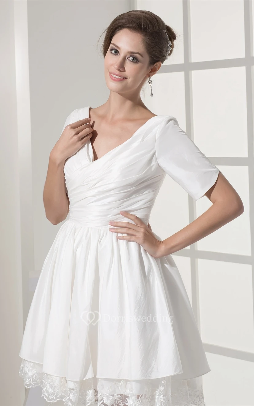 Mini-Sleeve Criss-Cross Short V-Neck Dress With Appliques view 6
