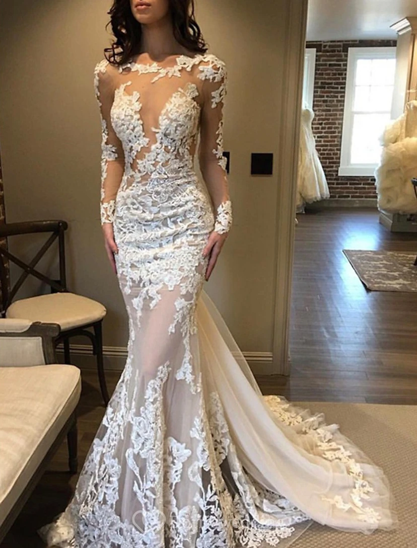 Modern Illusion Lace Wedding Dress with Sheer Long Sleeves view 5