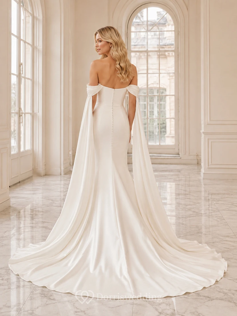 Robe de mariée fourreau luxueuse en satin, épaules dénudées, manches cape, traîne chapelle amovible, style jardin. view 2