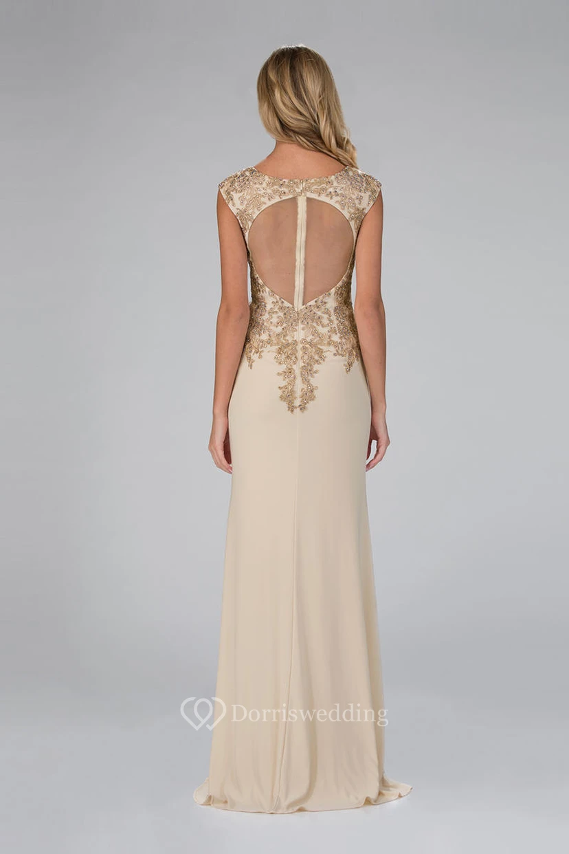 Sheath Floor-Length V-Neck Cap-Sleeve Jersey Illusion Dress With Beading view 2