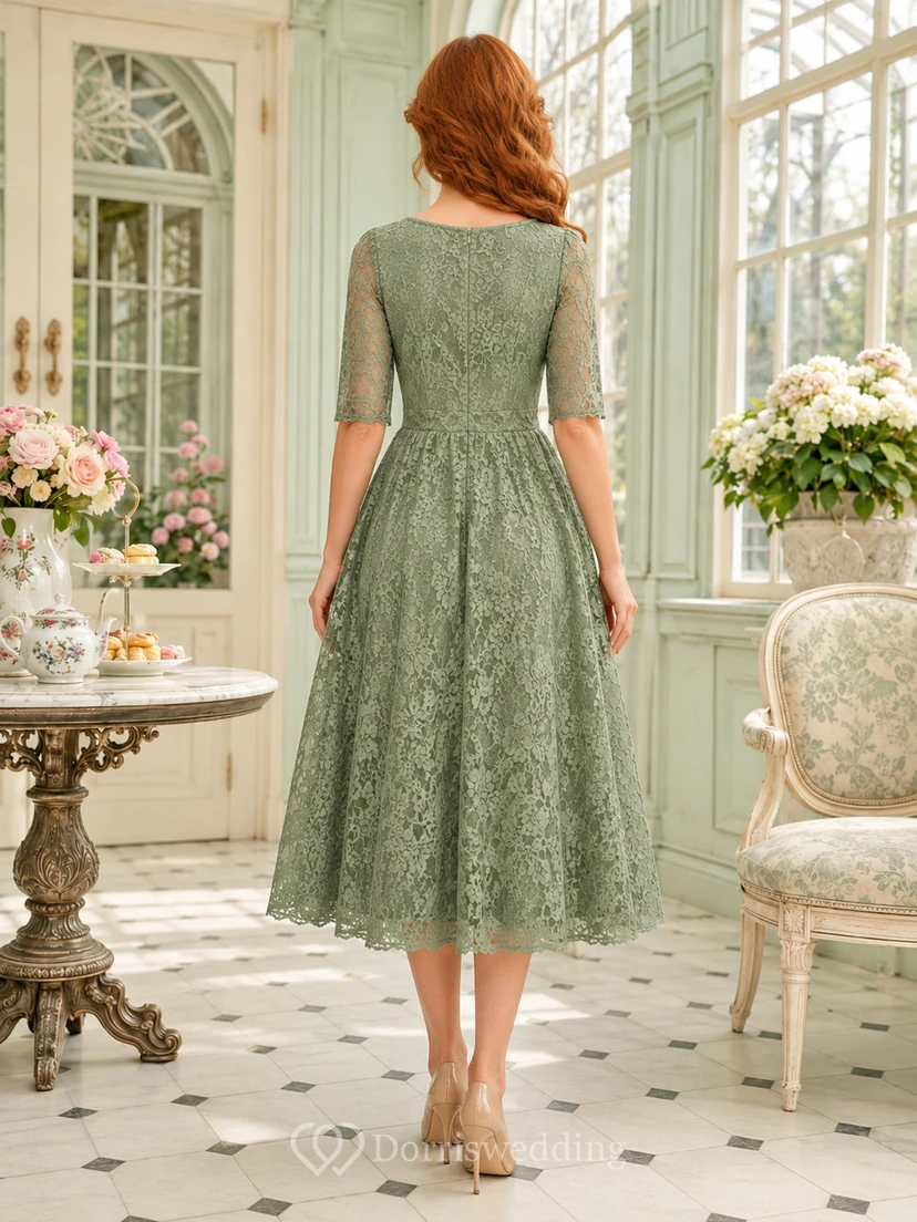 Sage Half Sleeve Bateau Lace Tea Room Midi Dress view 2