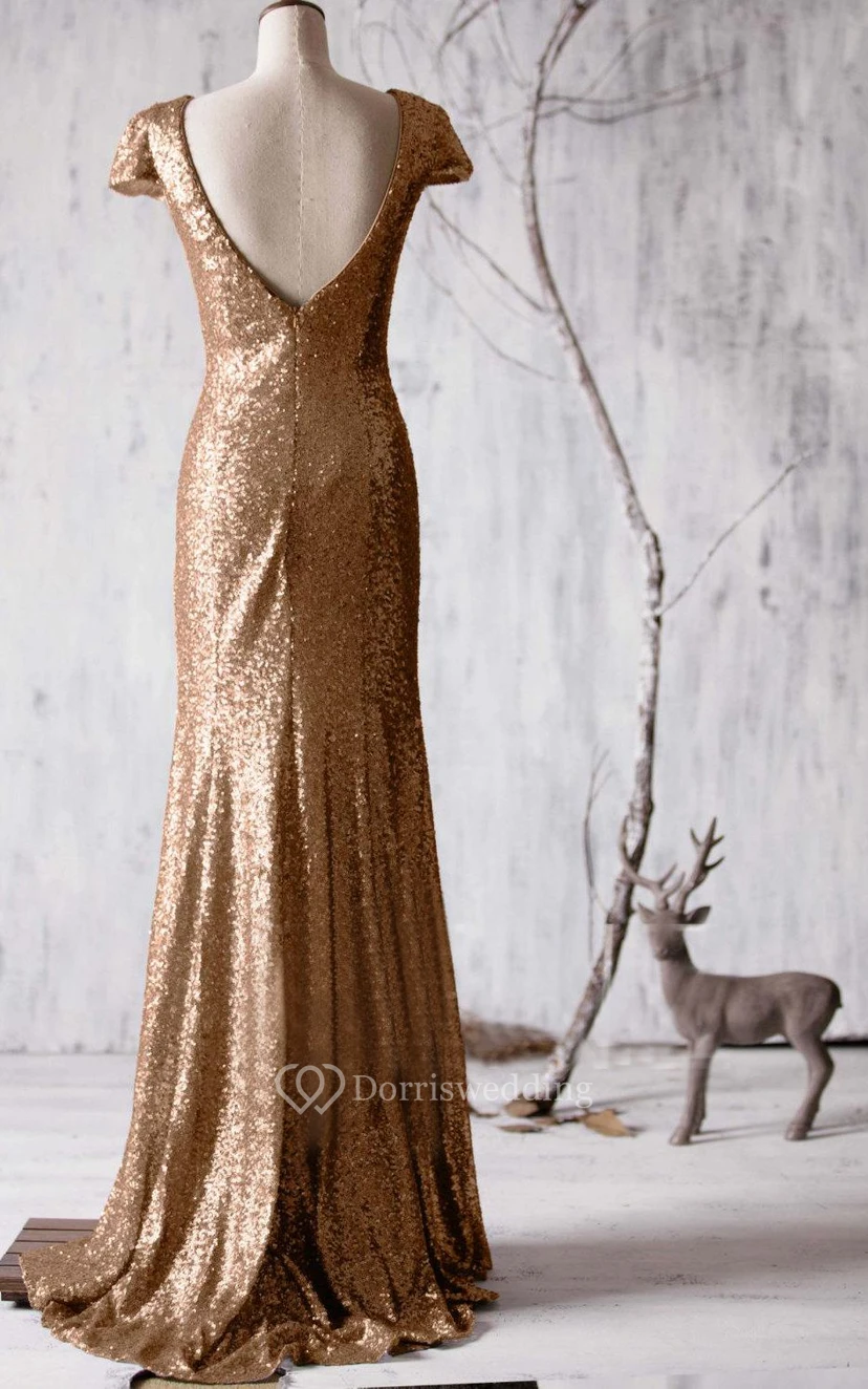 Bateau Cap Sleeve Sequined Mermaid Long Dress With V Back view 4