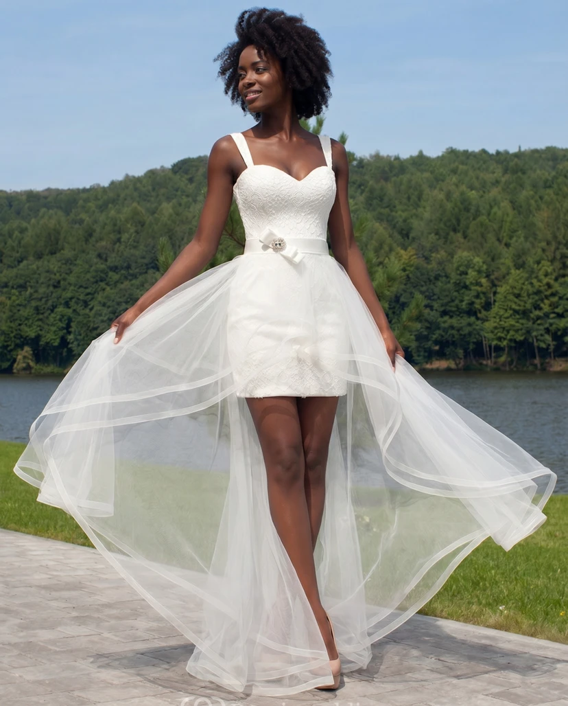 Kurzes Brautkleid mit abnehmbarem Rock | Strand-Minikleid für standesamtliche Trauung view 10