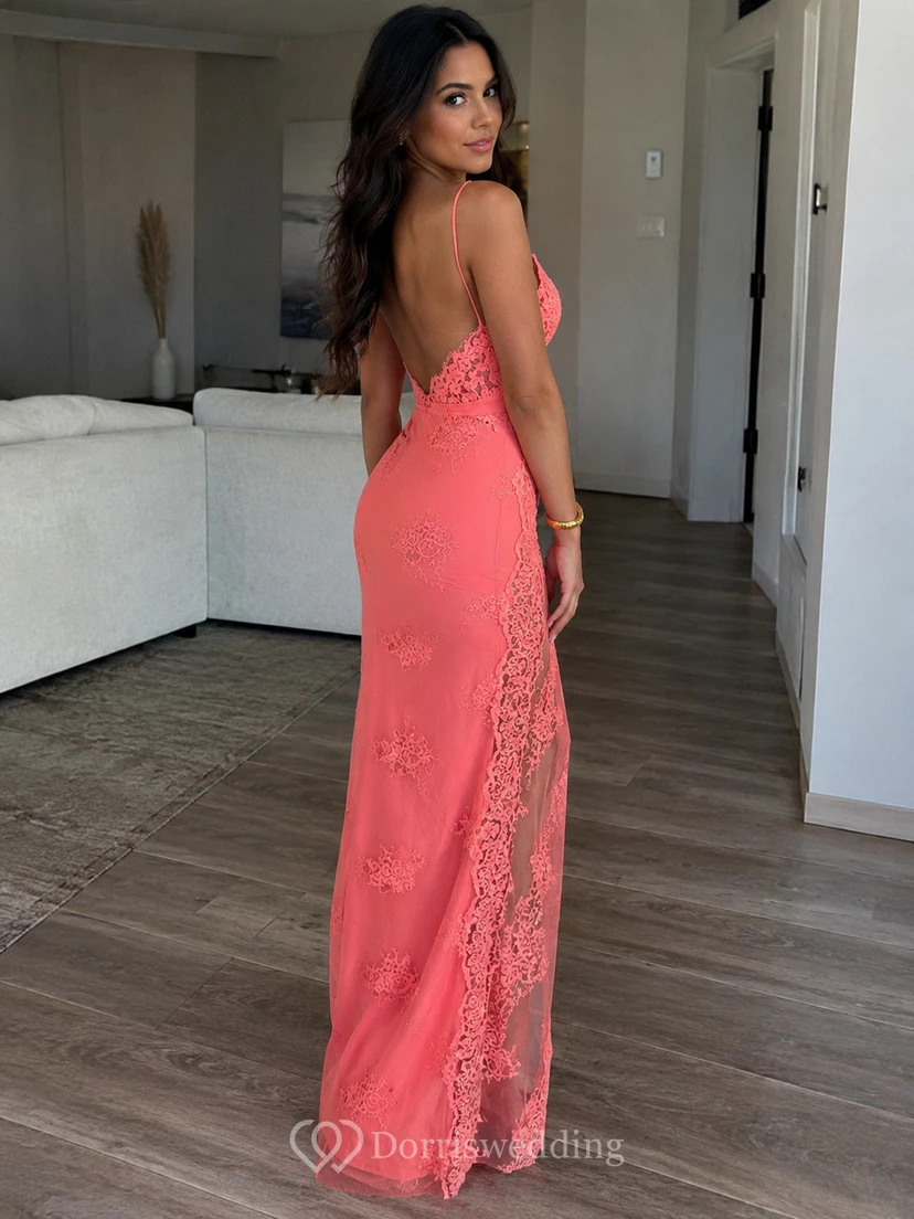 Sheath Lace Straps V-neck Sleeveless Low-V Back Dress view 9